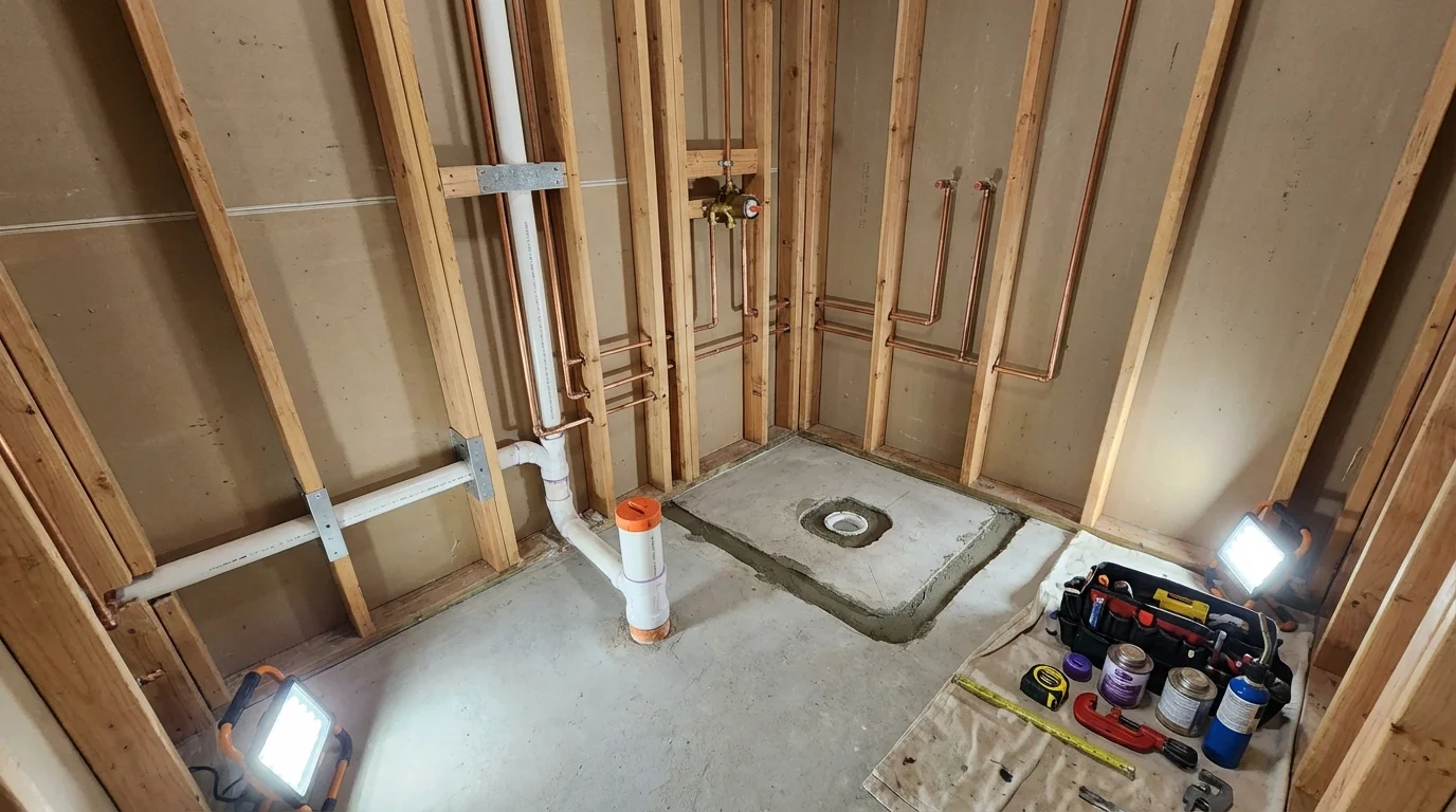 Bathroom rough-in plumbing during remodel by Johns Plumbing LLC in Waikoloa