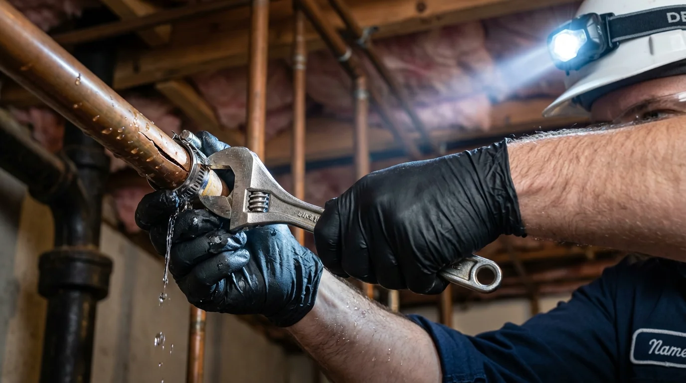 Emergency pipe clamp repair being performed by a Johns Plumbing LLC plumber in Waikoloa