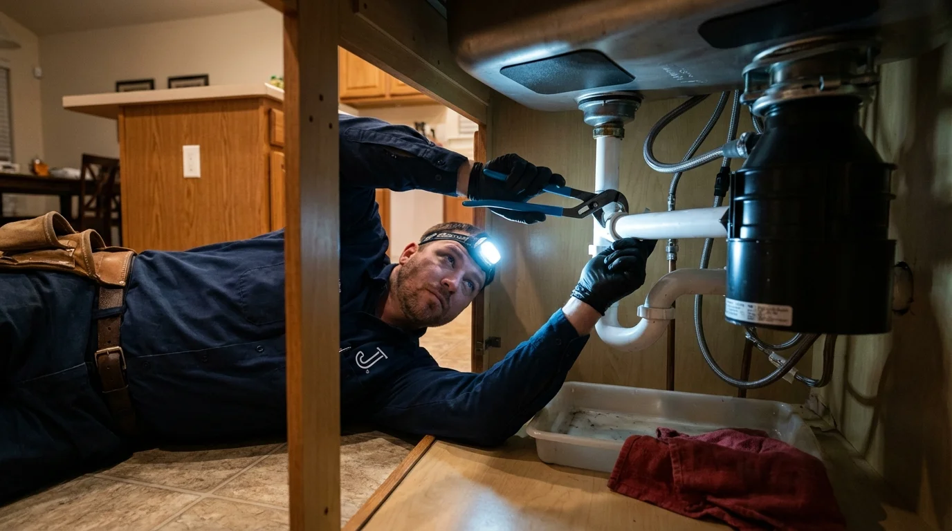 P-trap and supply line connections under a kitchen sink showing a common leak point in Waikoloa, HI
